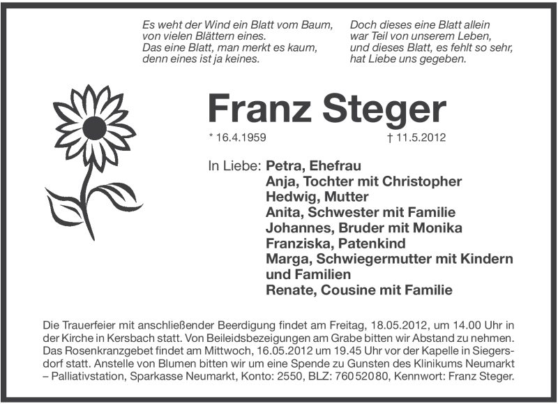  Traueranzeige für Franz Steger vom 15.05.2012 aus Pegnitz-Zeitung
